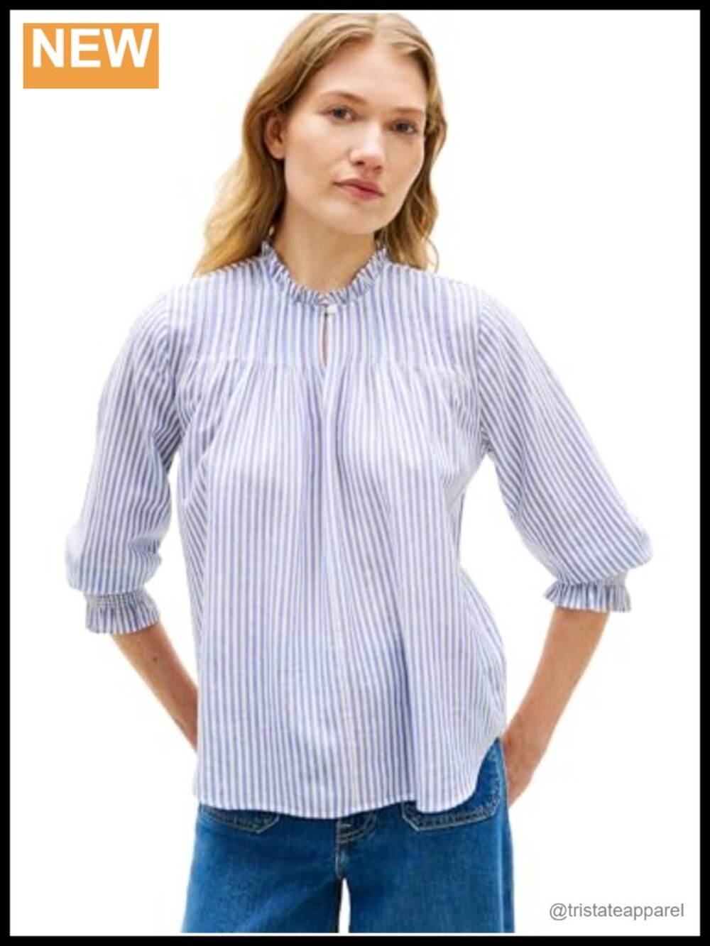 Lightweight 3/4 Sleeve Cotton Top Collarless Blouse